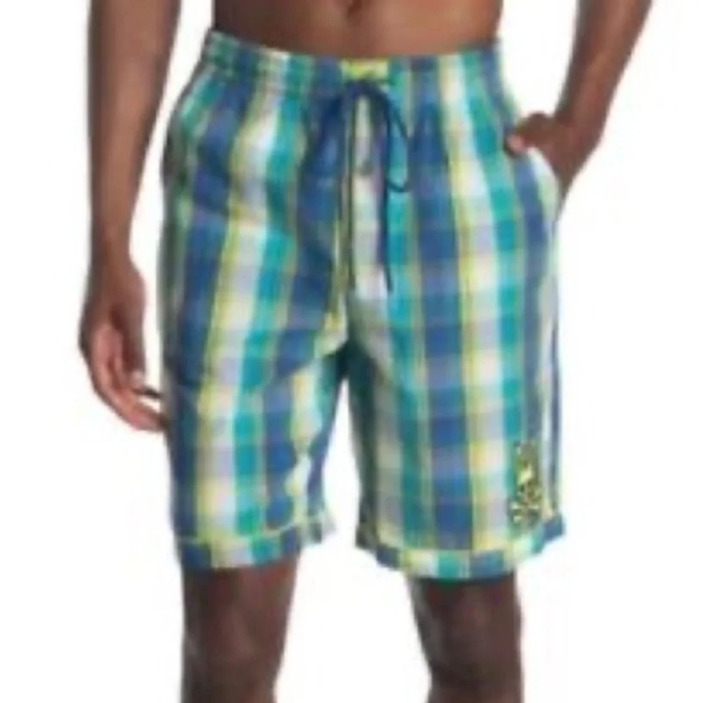 Psycho Bunny Plaid Shorts with Embroidered Bunny Logo Yellow/Blue Size‎ Small